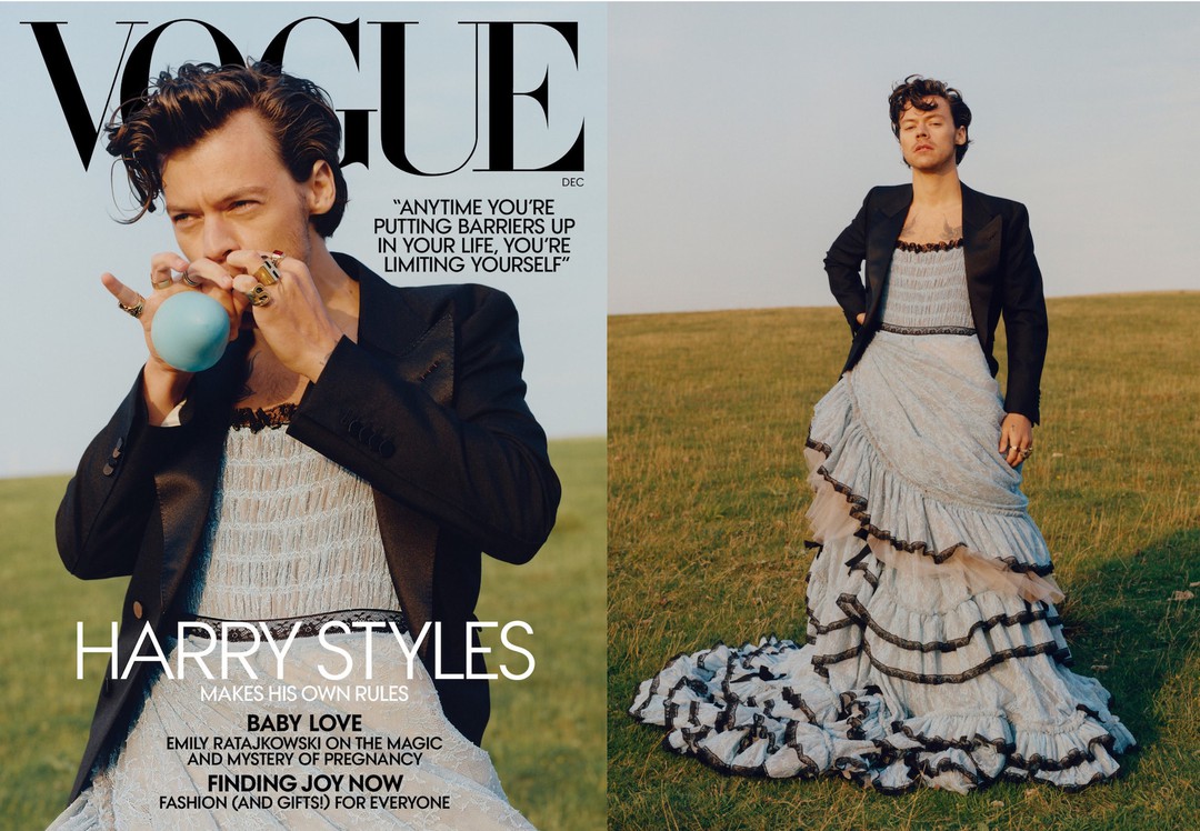 Bộ váy của Gucci được nam ca sĩ Harry Styles mặc lên bìa Vogue số tháng 12